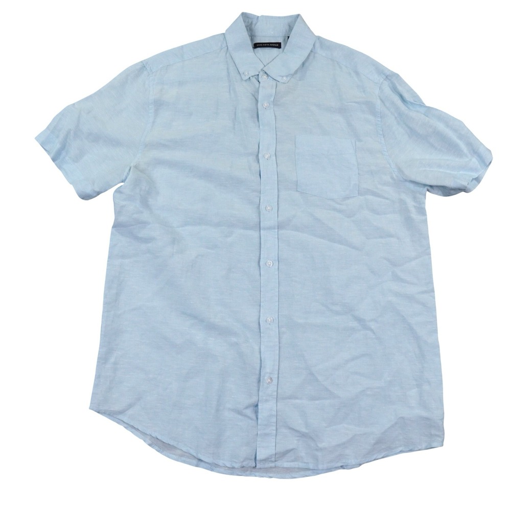 Saks Fifth‎ Avenue Linen Blend Button Down Shirt Men Large Blue Short Sleeve